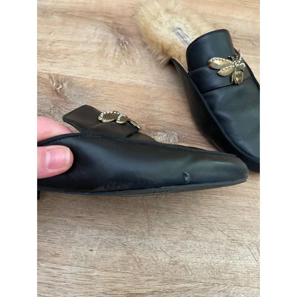 EUC I.N.C Black Leather & Faux Fur Bee Loafers